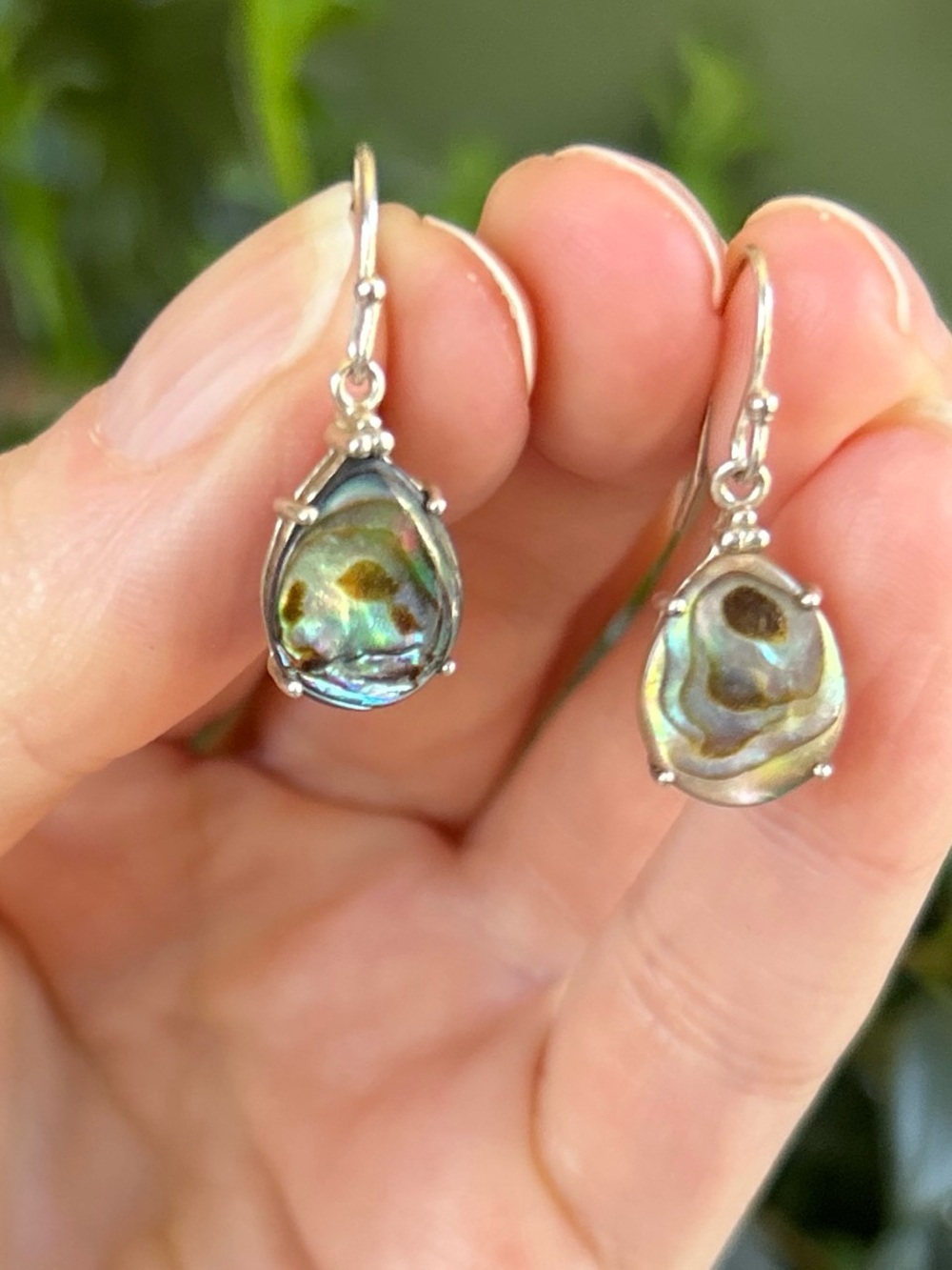Vintage Sterling Silver Abalone Shell Teardrop Earrings - Green Blue Iridescent